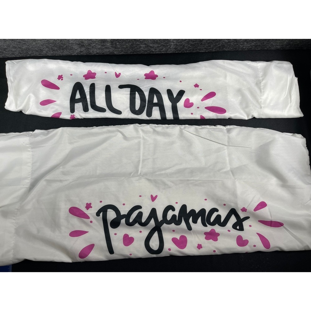 White‎ Satin Pillowcase Set Pajamas All Day Pink Hearts Graphic Standard 2pc